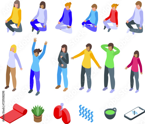 Deep breath icons set isometric vector. Exercise breathing. Meditation body