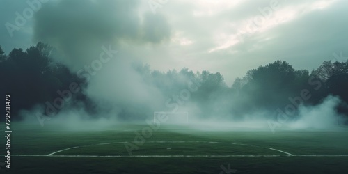 Unpleasant Fumes Rise From A Soccer Field, Creating An Eerie Atmosphere. Сoncept Mysterious Mist, Toxic Odors, Creepy Soccer Field, Strange Vapors