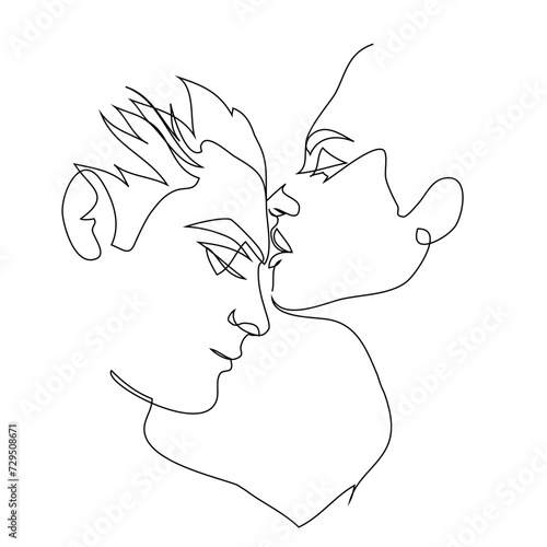 Abstract beautiful portrait of kissing couple in love, continuous line drawing, quick sketch, beauty minimalist, vector illustration