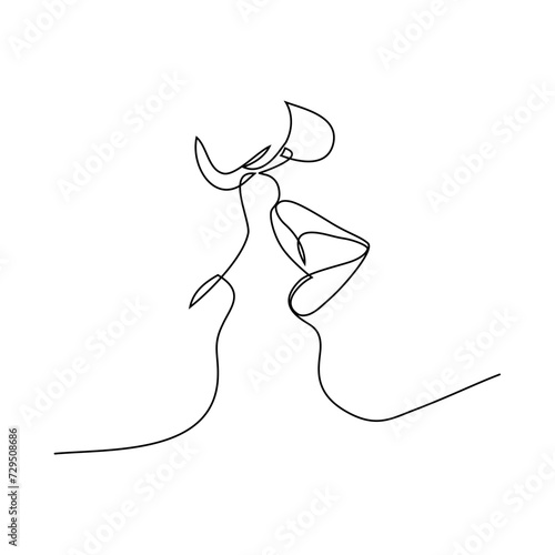 Lips in kiss. Abstract beautiful portrait of kissing couple in love, continuous line drawing, quick sketch, beauty minimalist, vector illustration