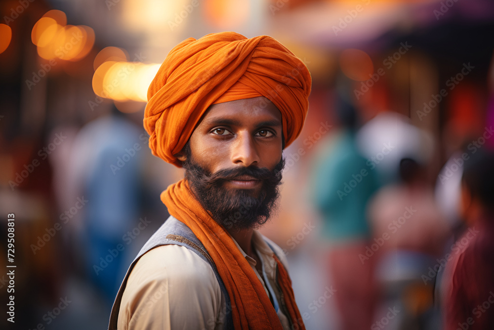 Indian man in national dress in the city. Blurred Background