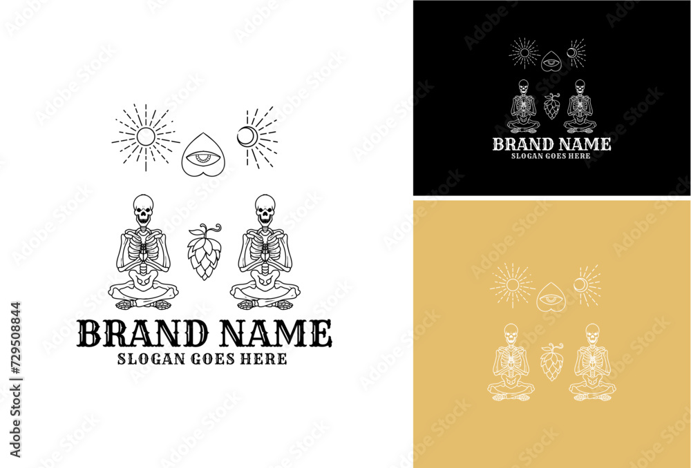 Naklejka premium Set of human skeleton pray. Modern art. Doodle of Eye in shape of heart, Sun and Moon, Vector illustration on white background. 