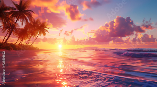 beautiful sunset by the beach with palm trees and wav