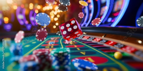 Photo Vibrant Casino Scene With Poker Chips Cascading Onto A Roulette Table In Motion