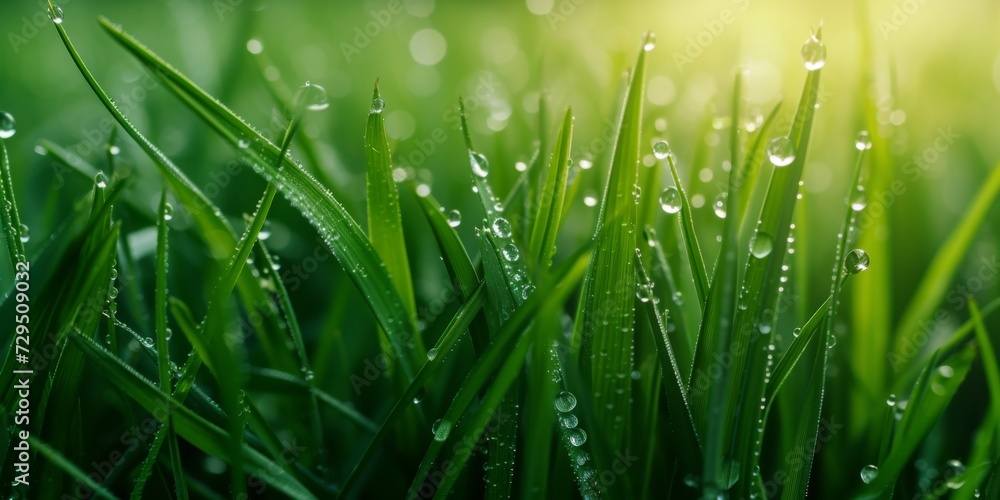 Vibrant Morning Dew On Lush Green Grass, Inspired By Lisa Holloways Photography. Сoncept Painterly Landscape, Dreamy Light And Shadows, Ethereal Forest Scenes, Intimate Nature Portraits