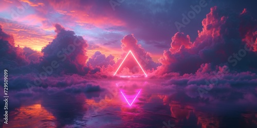 Vibrant Neon Triangle Suspended In Clouds Over A Sparkling Lake Ethereal 3D Scenery. Сoncept Aurora Borealis, Majestic Mountains, Misty Forest, Reflective Waters