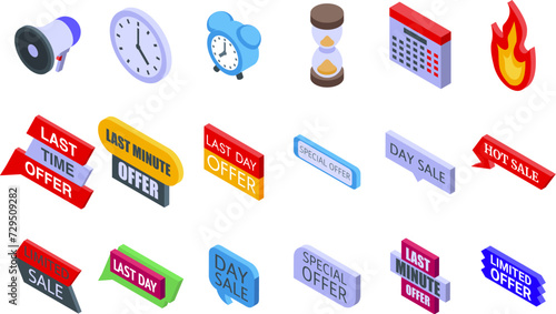 Last time offer icons set isometric vector. Sale flash hour. Date timer deal