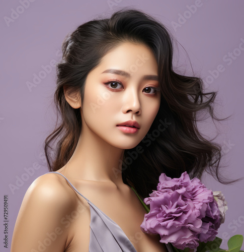 Pretty japanese model with lilac flowers on background, fashion style. Portrait of a beautiful asian woman with long hair and brown makeup. Beautiful brunette asian girl with wavy hair. Asian beauty.