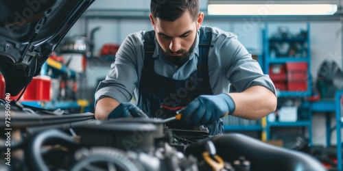 White Male Mechanic Inspecting And Fixing A Car Engine In A Garage. Сoncept Car Maintenance, Automotive Repairs, Garage Work, Engine Inspection, Mechanic At Work photo