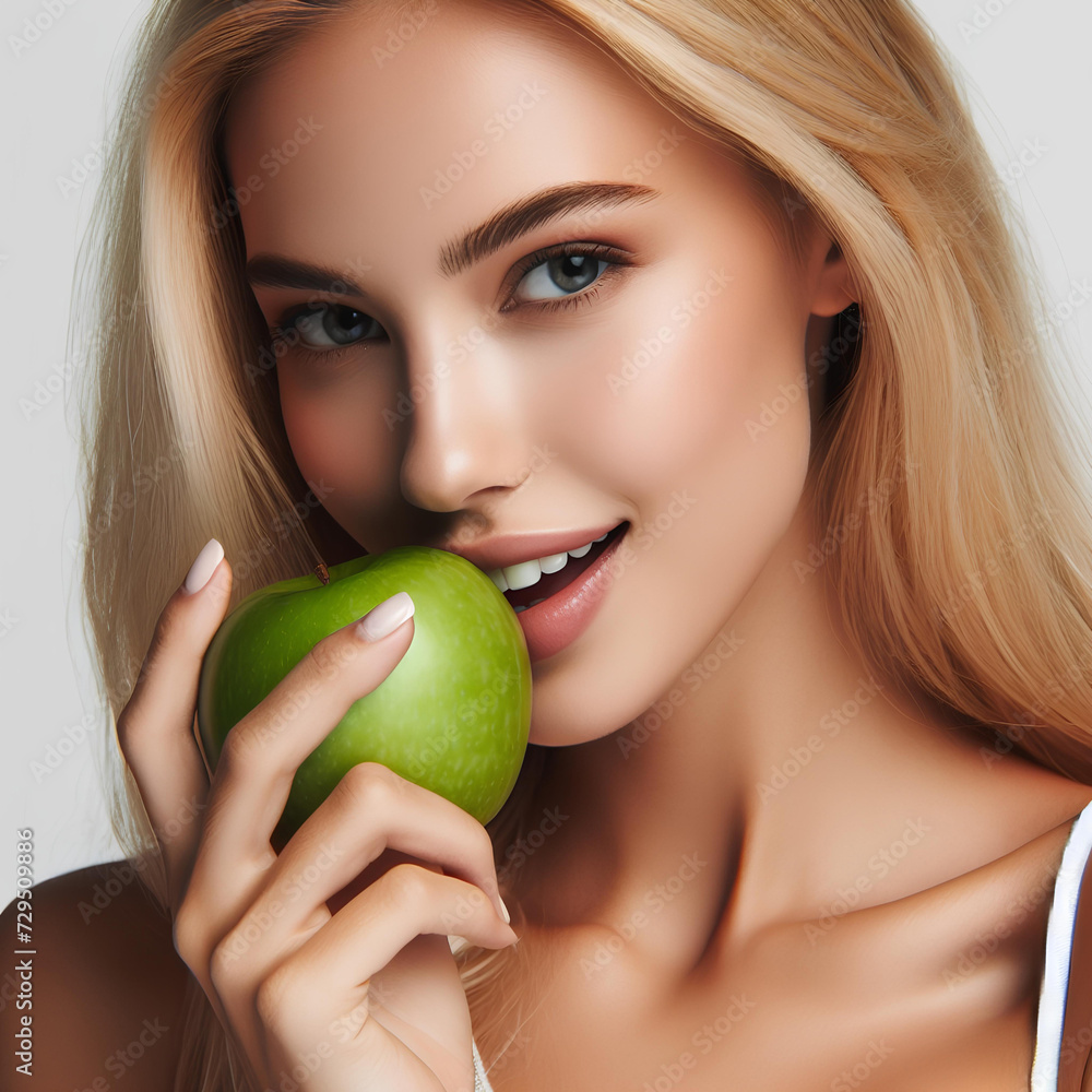 caucasian blonde woman eat green apple on white background caucasian blonde woman eat green apple on white background