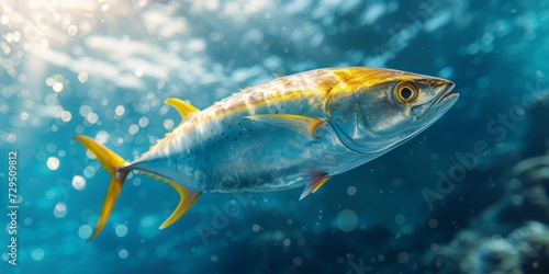 Yellowtail Amberjack Fish Gracefully Swim Near The Oceans Surface In This 3D Rendering. Сoncept Underwater Photography, Marine Life, Aquatic Beauty, Undersea World, Ocean Exploration