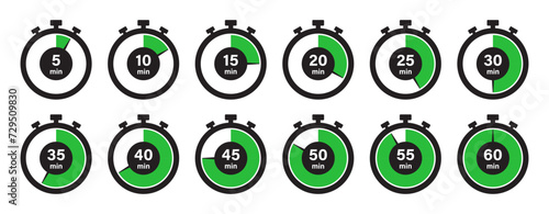 Stopwatch timer set of 12 in green color 5-minute clock on white background. Set of timers. Stopwatch icons. Countdown 5, 10, 15, 20, 25, 30, 35, 40, 45, 50, 55, 60 minutes - Vector Icon