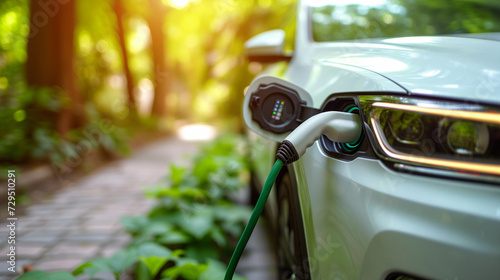 Close up connector of chargepoint and electric car parked on the street in front of green park in summer. photo