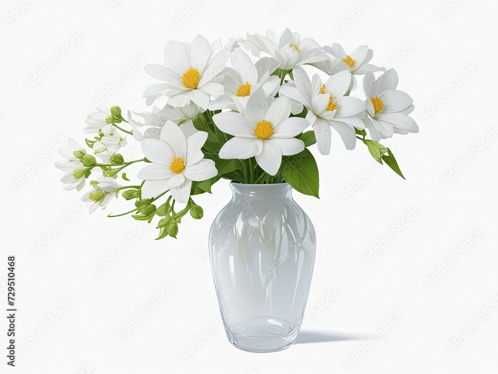 vase filled with lovely white flowers, isolated cutout object with shadow on transparent background in a png file..