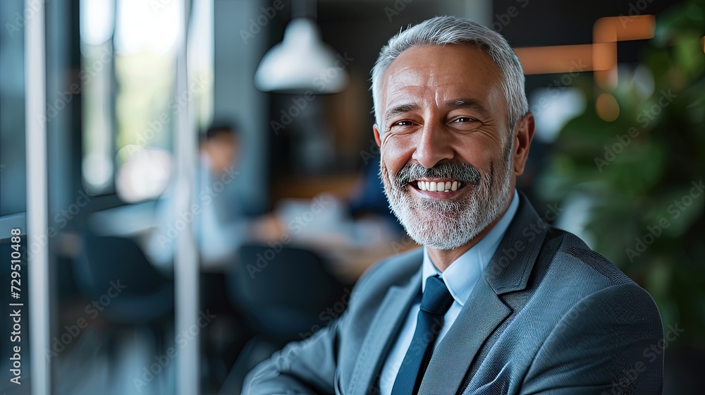 Senior businessman smiling during a meeting in the office. A genuine smile from the senior businessman sets a positive tone for the meeting. Senior businessman smiling during a meeting in the office. A genuine smile from the senior businessman sets a positive tone for the meeting.