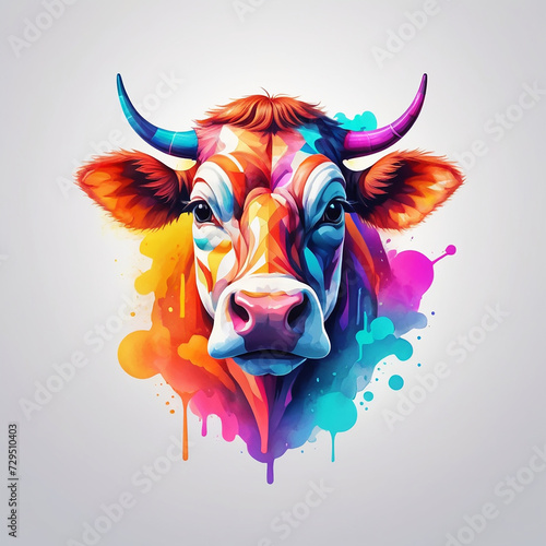 Minimalist Neon Line Cow Logo with Geometric Design, Vibrant Smoke Effects White Background with t-shirt design ai art