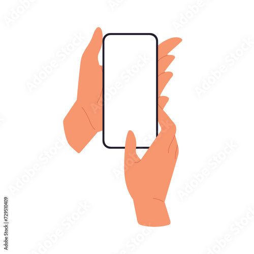 Finger tapping on mobile phone, blank smartphone screen. Flat vector illustration isolated on white