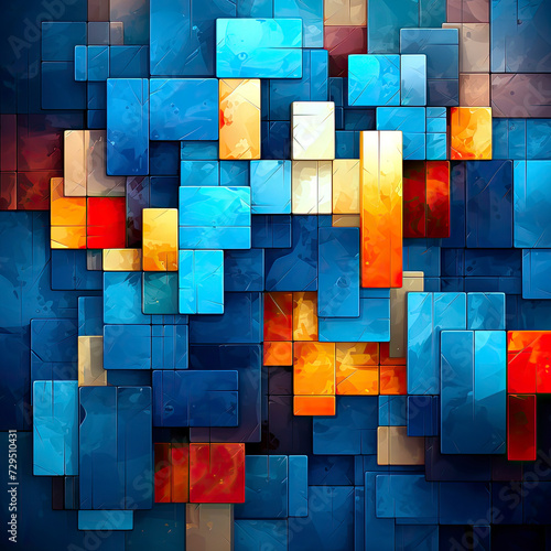 Abstract 3d dark background. geometric cubes or blocks, shiny surface, glowing light, blue colors.