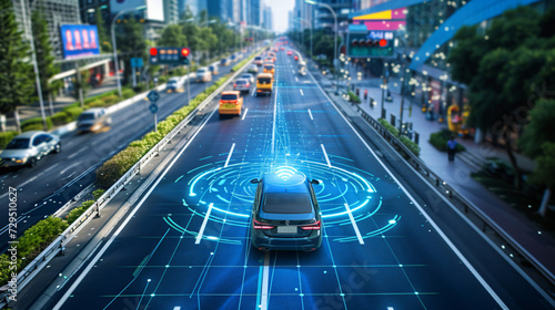 An autonomous car smoothly navigating through a smart city integrating with advanced traffic systems and showcasing the future of mobility.