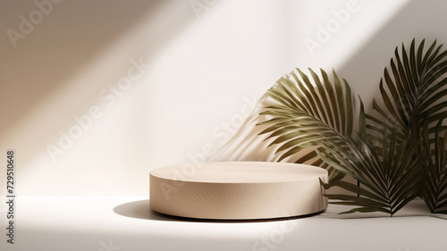Beige podium on light background with shadows and palm tree leaves, space for copy. Illustration with a blank podium for advertising beauty products, and other products on marketplaces, space for text