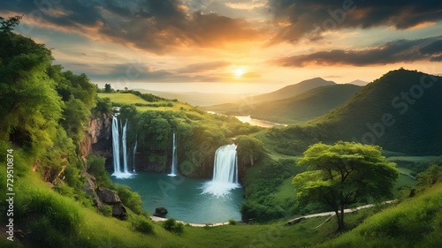 Incredible landscape with Skogafoss waterfall and unreal sunset sky,waterfall at evening,sunset