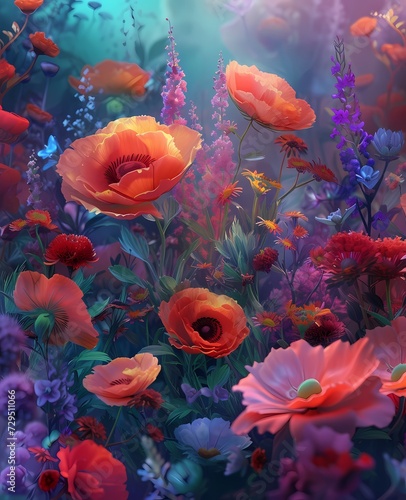 colorful neon flowers painting generated ai © Rizzz