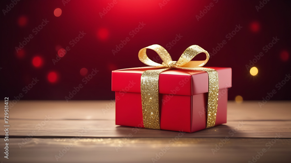 Gift on wooden table and red background with blurred lights and glare. Beautiful red box with gold ribbons and bowknot, copy space, red lights, birthday, February 14