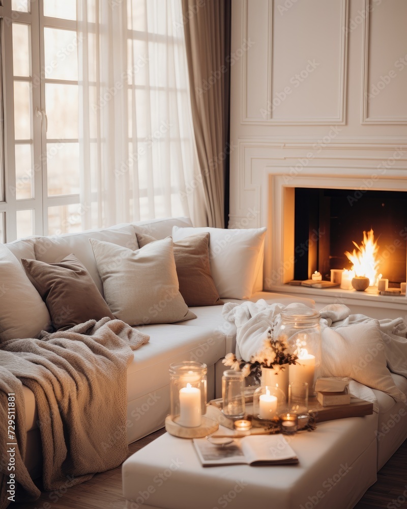 Fototapeta premium A comfortable living room with a couch and a fireplace creating a warm and inviting atmosphere.