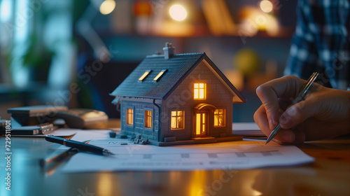 Ein Mann zeichnet einen Grundriss und daraus entsteht ein Modell eines Hauses und es leuchtet 