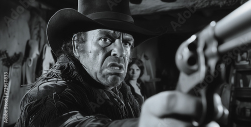 Alter Bösewicht, cowboy oder Sheriff aus einem Western mit Revolver in Schwarz Weiß wie eine Filmszene
