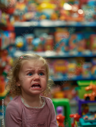 Offended girl crying in a toy store