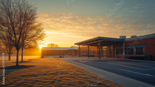 An early morning shot of a school building at sunrise. photo