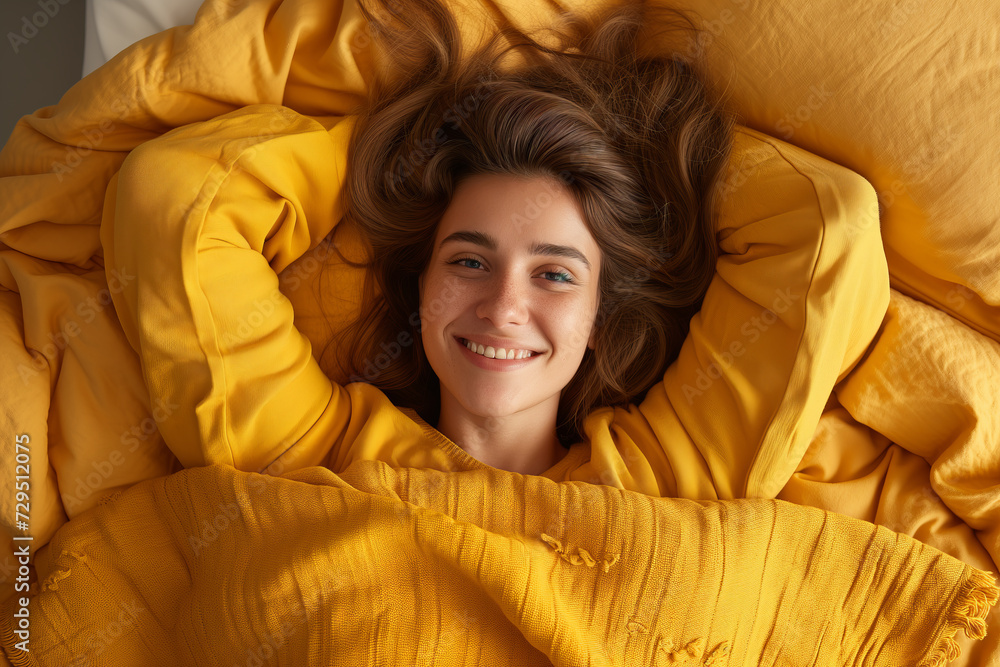 Radiant Smile on Woman in Yellow Bedding Radiant Smile on Woman in Yellow Bedding