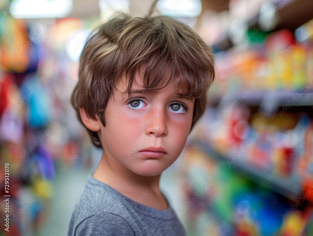 Sad boy in a store close-up. Lack of money for purchases. Sad boy in a store close-up. Lack of money for purchases.