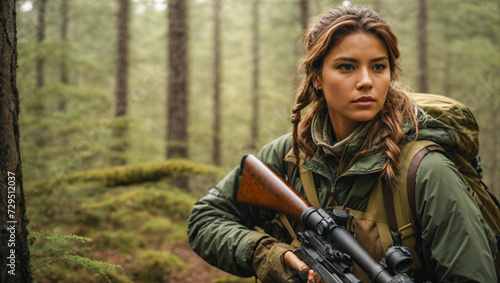 portrait of a female hunter in the forest with a rifle
