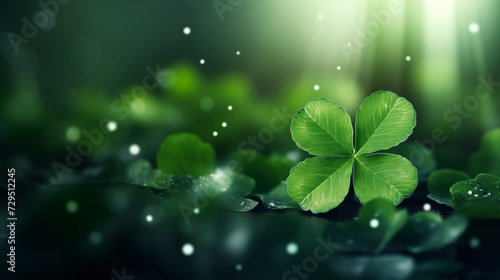 The sun's rays illuminate a four-leaf clover leaf, blurred lights. Illustration with green leaves, space for copy, green background with blurred lights and highlights, st. Patrick's day