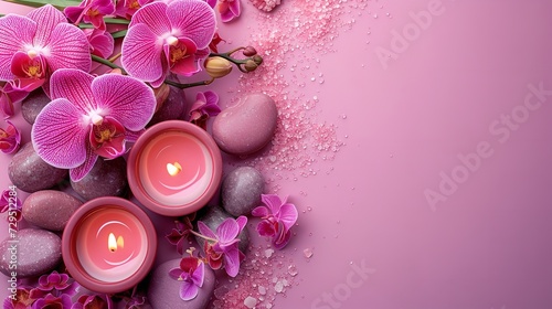 A spa or wellness spaces like sea stones, candles, and pink flowers on a pink backdrop space, Generative AI.