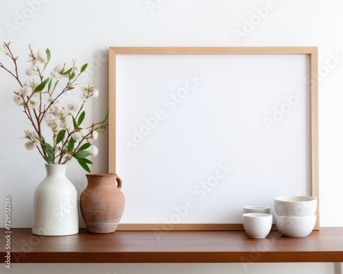 A photo of a picture frame placed on top of a wooden shelf, creating a simple and neat display.