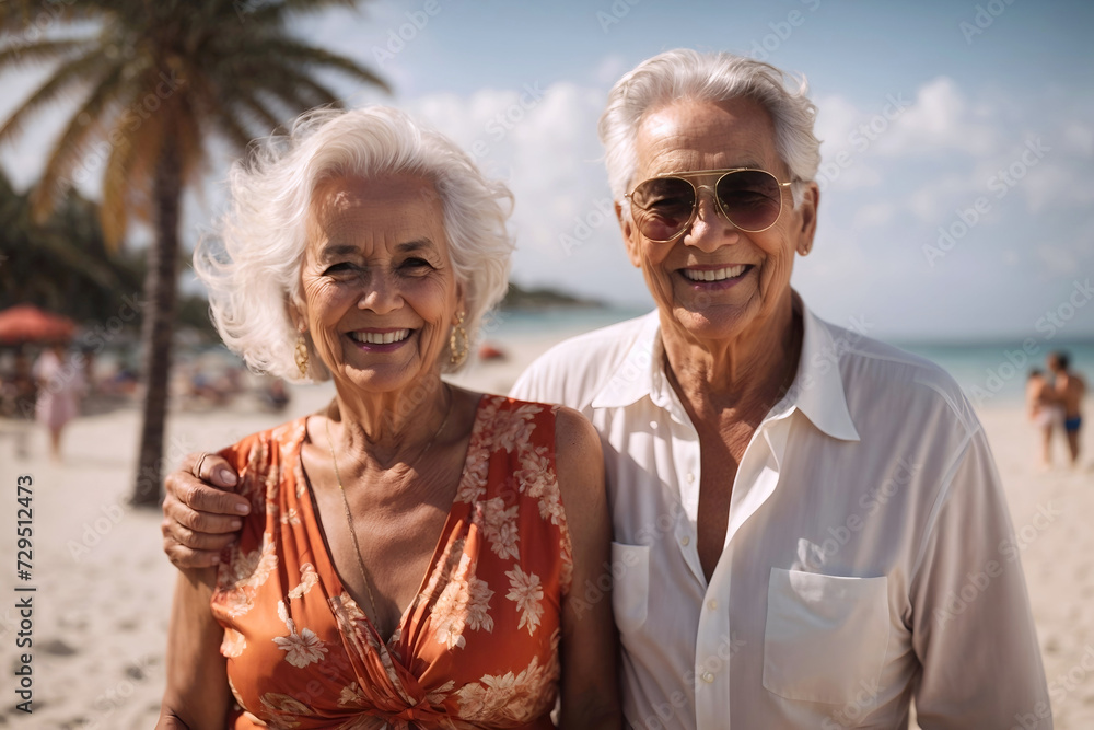 Happy senior couple embracing on vacation seaside, romantic retired family enjoying tropical beach. Retirement travel and leisure activity for elderly people.