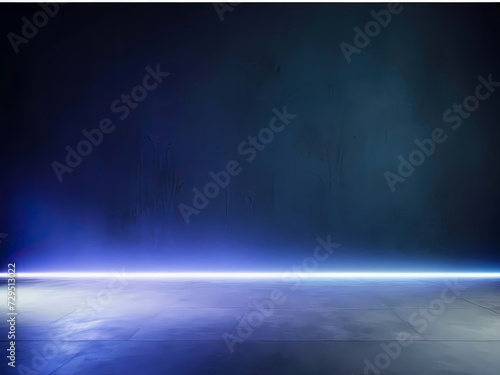 Blank Dark Wall and Smoky Concrete Floor Awash in Captivating Blue Light, a Mesmerizing Abstract Background. © Md