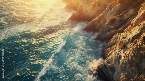 Remote coastline seen from above, with sheer cliffs towering over the turbulent ocean, sunlight casting golden rays on the water's surface