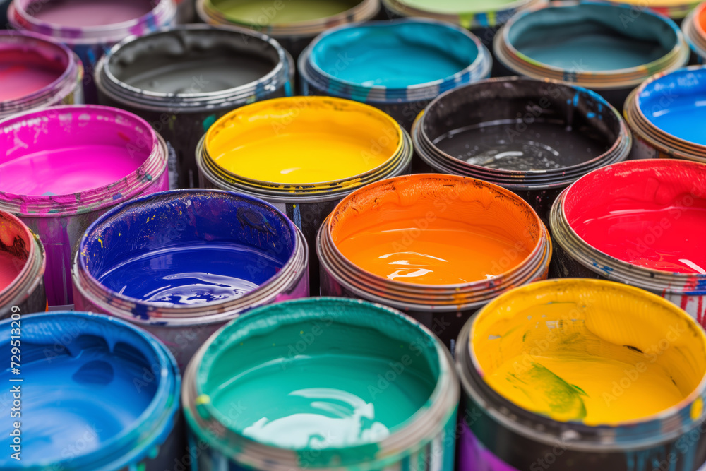 Jars with colourful dye inside stand in a row, colourful dyes Jars with colourful dye inside stand in a row, colourful dyes