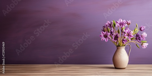 Wooden table with vase with bouquet of flowers.