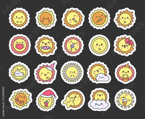 Cute kawaii sun with face. Sticker Bookmark. Cartoon smiling characters. Hand drawn style. Vector drawing. Collection of design elements.