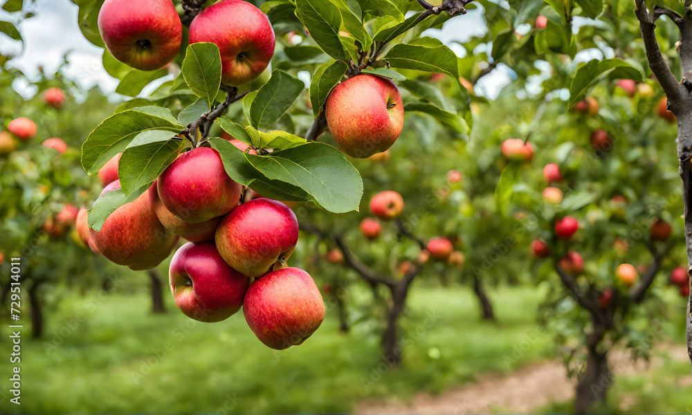 Ripe apple tree in foreground, soft-focus garden Ripe apple tree in foreground, soft-focus garden