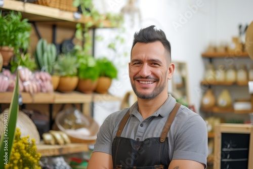 Business owner portrait of positive man store keeper in casual uniform smiling and looking at camera.