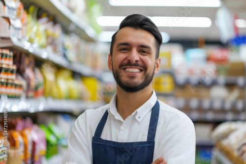 Business owner portrait of positive man store keeper in casual uniform smiling and looking at camera.