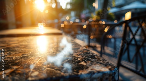 empty table marble blur background of street cafe with bokeh light, Advertisement, Print media, Illustration, Banner, for website, copy space, for word, template, presentation.