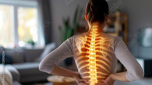 Digital composite of highlighted spine of woman with back pain at home. Intense discomfort along the spine makes movement difficult. photo
