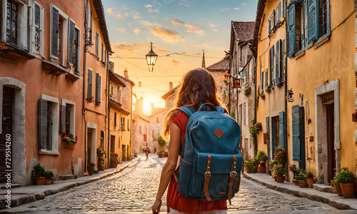 Girl with backpack walking on cobblestone street